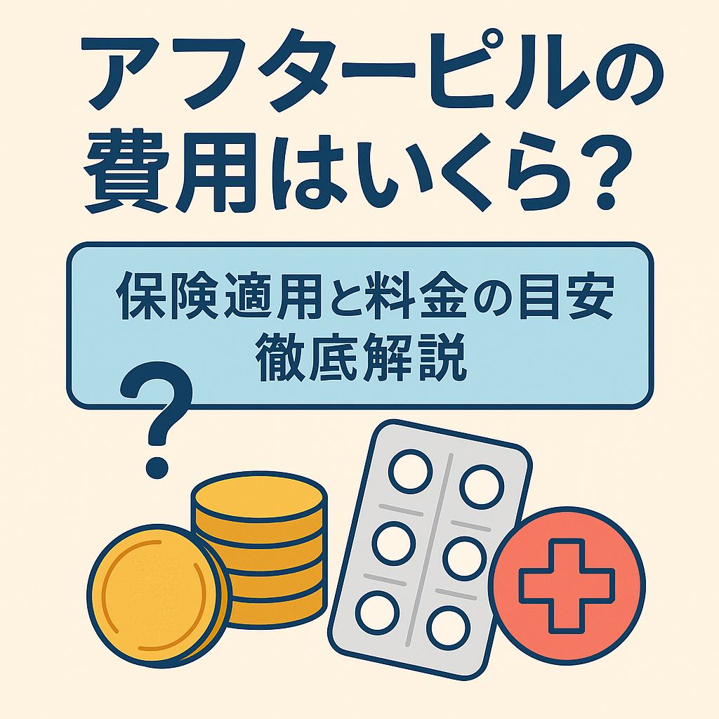 アフターピルの費用と保険適用をイメージしたイラスト。お金とピル、保険証が描かれています