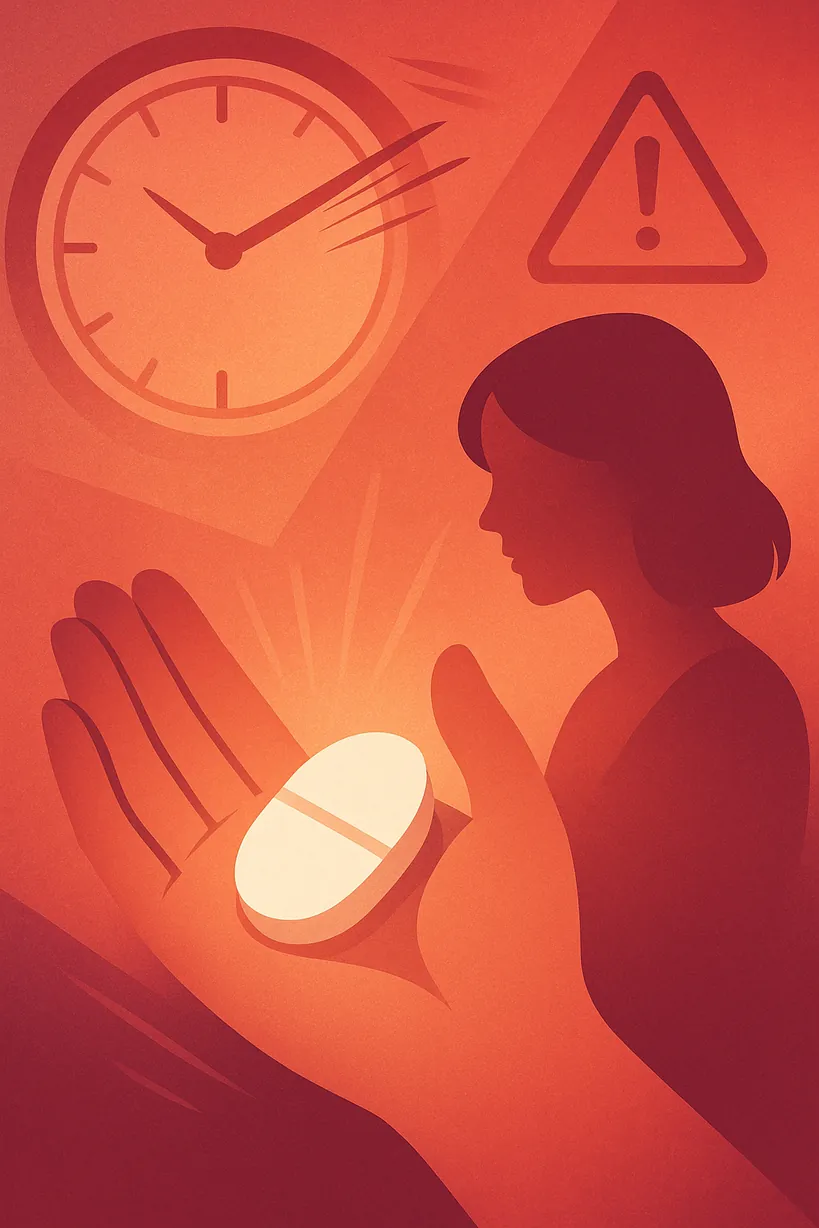 手のひらに乗せられた白いピルと、背景にある時計、女性のシルエット。Emergency pillが今すぐ必要な状況をイメージしたイラスト。