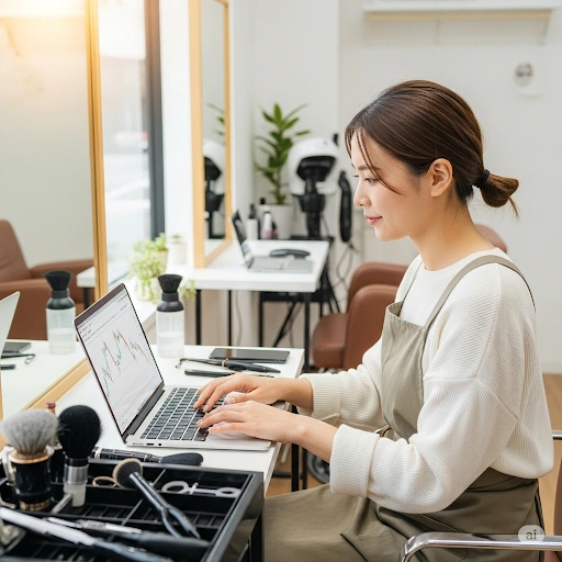 スタイリッシュな若い女性フリーランスの美容師が、サロンでFXチャートを分析している様子。