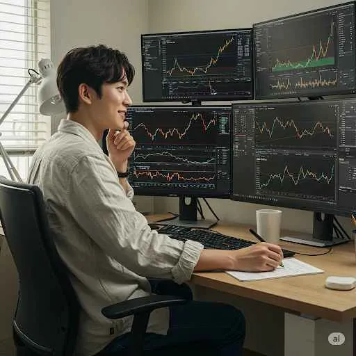 自宅のデスクで複数のFXチャートを表示したモニターに向かい、ペンを持ってノートに何かを書き込んでいるアジア系の男性。