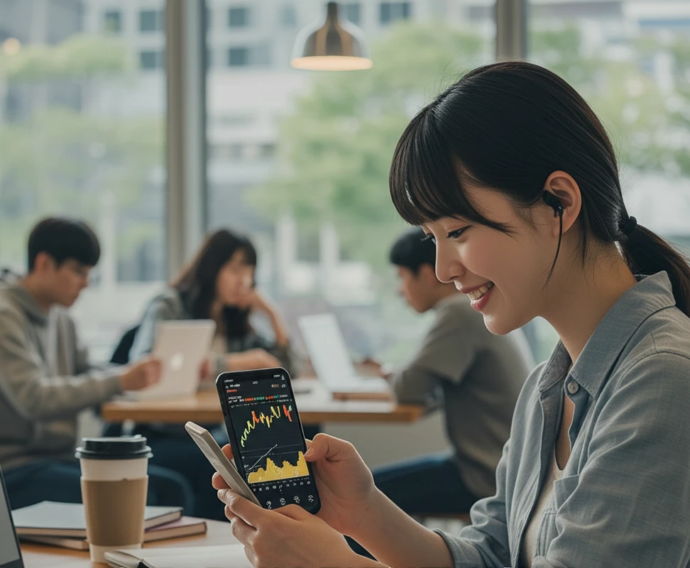 カフェでスマートフォンでFXチャートを見ている笑顔の若い女性。背景には他の学生たちが勉強している様子が見える。