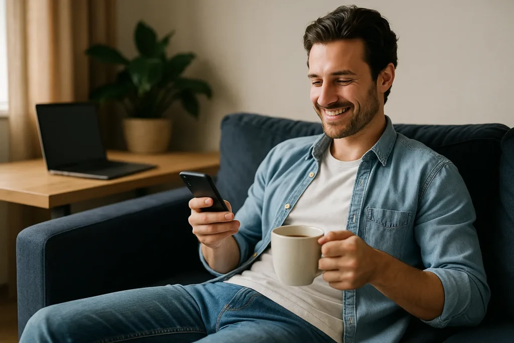 ソファでくつろぎながらスマホを操作する若い男性。自動売買で心に余裕のあるライフスタイルを象徴。