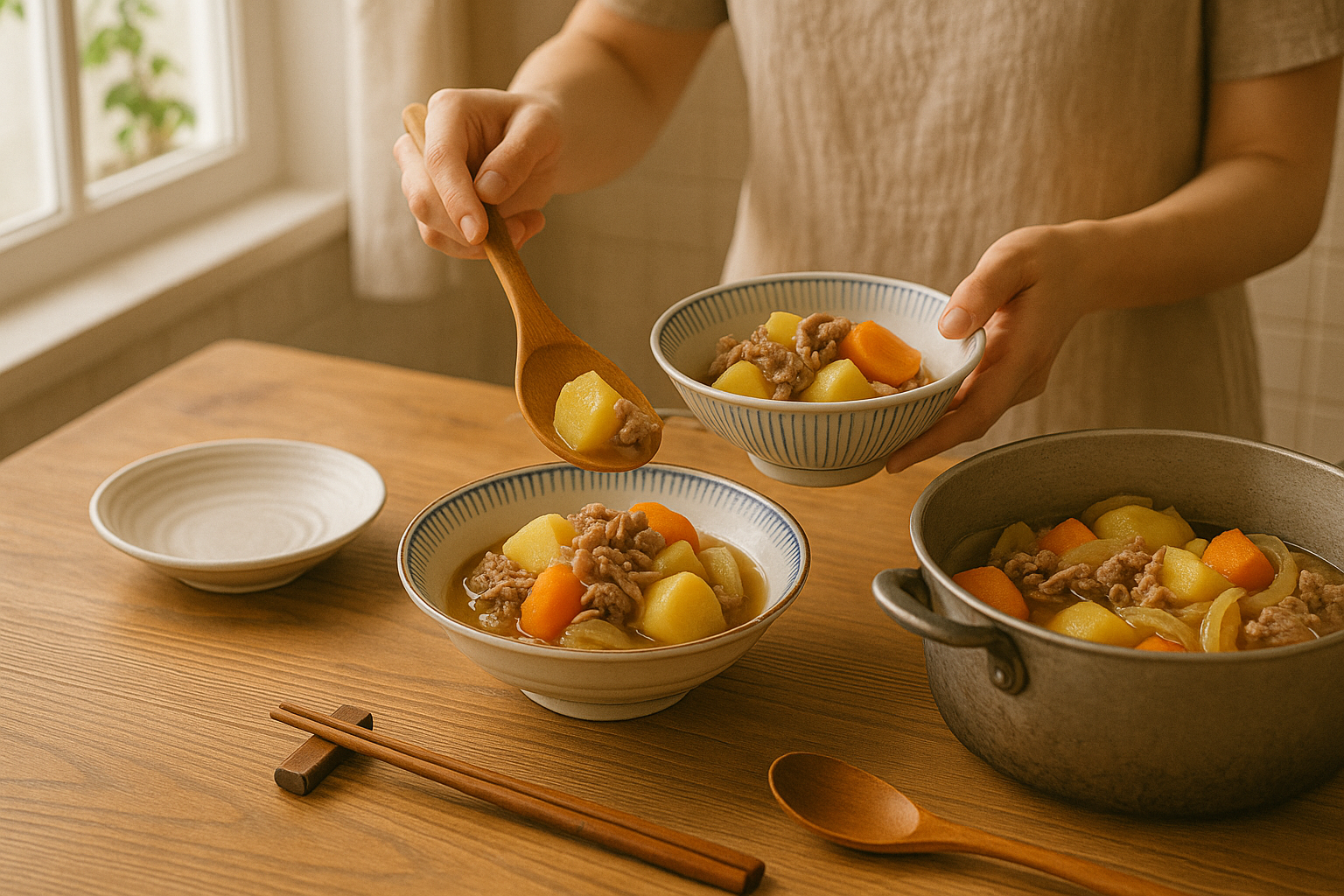ご飯や味噌汁と並んだ肉じゃがの食卓写真
